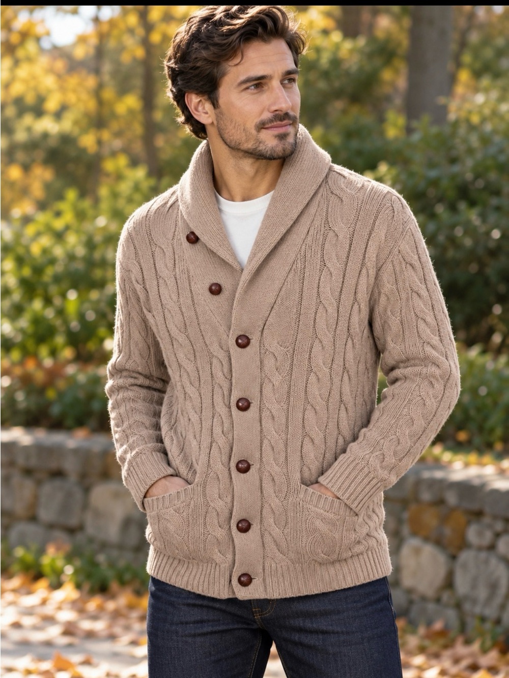 Polo Ralph Lauren Men's Shawl Collar Cable Knit Cardigan Sweater - tan XL